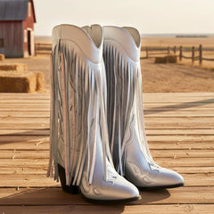 Tuhoomall Western Fringe Pointed Toe Calf Boots with Rubber Sole, Trendy Star Pattern, Perfect for Parties and Travel