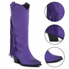 Tuhoomall Western Style Mid-Calf Boots with Tassels, Casual Fashion Footwear, Chunky Heel, Faux Suede, Zipper Closure, All-Season Design