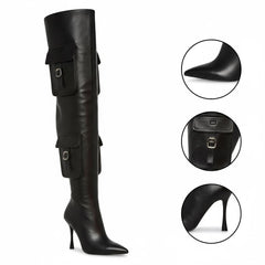 Tuhoomall Over-The-Knee Fashion Boots for Women, High Heels 9.5cm, Zipper Closure, Solid Color with Pocket and Metal Buckle, Perfect for Parties and Performances