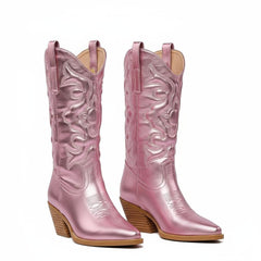 Tuhoomall Comfortable Western Boots for Women – 6cm Low Chunky Heel, Slip-On Design with Floral Embroidery - Fashionable All-Season Style