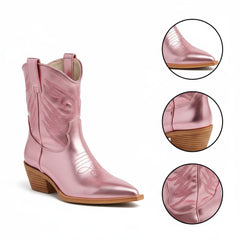 Tuhoomall Metallic Cowboy Ankle Boot with Chunky Block Heel, Pointed Toe, Embroidered Design for Casual Fashion Use, Vegan Leather, All Seasons