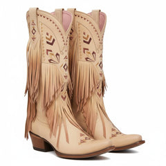 Tuhoomall Western Cowgirl Mid Calf Boots - Snip-Toe, Chunky Heel, Embroidered Fringe Design for Outdoor Style