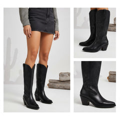 Tuhoomall Western Cowboy Boots, Chunky Block Heel, Embroidered Design, Mid Calf Length, Fashion Casual, Perfect for Performances and Everyday Wear