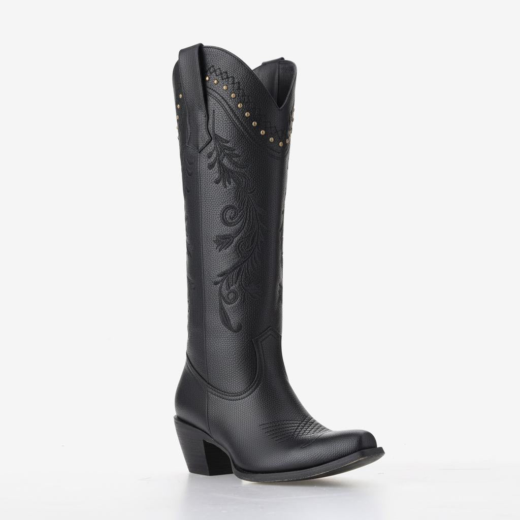 Tuhoomall Western Cowgirl Mid Calf Boots, Floral Embroidery, Chunky Heel, Comfortable Slip-On Style for Casual Fashion Tuhoomall