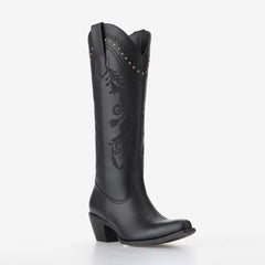 Tuhoomall Western Cowgirl Mid Calf Boots, Floral Embroidery, Chunky Heel, Comfortable Slip-On Style for Casual Fashion Tuhoomall
