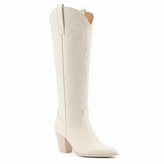 Tuhoomall Western Floral Embroidered Knee-High Boots for Women - Comfortable Slip-On Design with Chunky Heel for Parties and Daily Wear