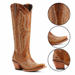 Tuhoomall Stylish Western Mid-Calf Boots for Women - Embroidered Vegan Leather, 2.76in Low Chunky Heel, Perfect for Year-Round Casual Wear