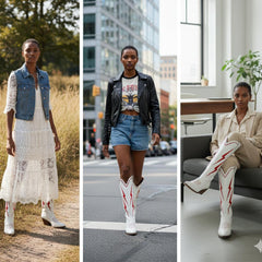 Tuhoomall Western Cowgirl Mid Calf Boots with Chunky Heel, Pointed Toe, Embroidered Design, Slip-On Style for Fashionable Casual Wear