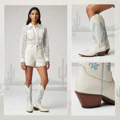 Tuhoomall Western Mid Calf Boots for Women with Rubber Sole, 5.1 cm Chunky Heel, Stylish Embroidery for Casual and Office Wear