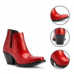 Tuhoomall Stylish Women's Ankle Boots, Chunky 2.36 in Heel, Slip-On Design, Embroidered Details, All-Season Fashion