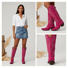 Tuhoomall Western Knee-High Boots for Fashion Casual Style with Embroidered Design and Chunky Heel, Ideal for Ranch and Outdoor Activities