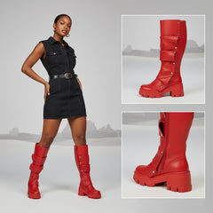 Tuhoomall Gothic Knee-High Boots for Women, Comfortable Chunky Heel, Stylish Slip-On Design for Casual Street Outings
