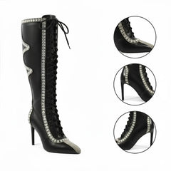 Tuhoomall Knee High Sparkling Rhinestone Heeled Boots for Parties, Performances, and Outdoor Fashion Fun Tuhoomall