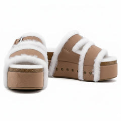 Tuhoomall Blue Faux Suede Fur-Lined Studs Double Buckle Strap Round Platform Cork Sandals Slippers