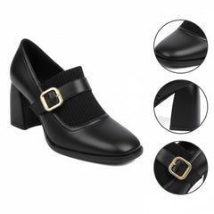 Tuhoomall Mary Jane High Heel Loafers for Women, 7.5 cm Chunky Heel, All-Season Fashion, Pure Leather, Comfortable Slip-On Design