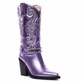 Tuhoomall Metallic Rhinestone Western Boots For Women - Pointed Toe, Block Heel, Fashion Statement For Parties, Made Of Vegan Leather And Embroidered Details Tuhoomall
