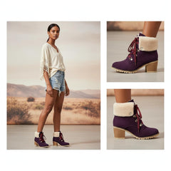 Tuhoomall Fashion Casual Ankle Boots for Women, Classic Street Style, Round Toe, Mid Heel, Lace-Up, Solid Color, Perfect for Winter Wear