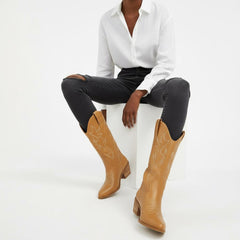 Tuhoomall Western Chunky Heel Women's Cowboy Boots, Comfortable Slip-On, Retro Embroidered Design, Non-Slip Sole for Travel and Casual Wear