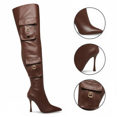 Tuhoomall Over-The-Knee Fashion Boots for Women, High Heels 9.5cm, Zipper Closure, Solid Color with Pocket and Metal Buckle, Perfect for Parties and Performances