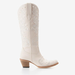 Tuhoomall Western Style Embroidered Chunky Heel Boots With Pearl Accents For Weddings, Parties, And Casual Wear Tuhoomall