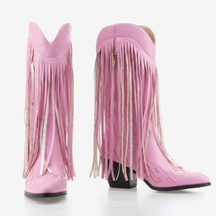 Tuhoomall Comfortable Western Cowgirl Boots with Chunky Heel, Floral Applique and Fringe Detail for Casual Outings All Seasons Tuhoomall
