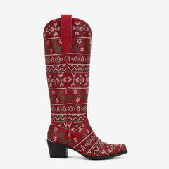 Tuhoomall Comfortable Knee-High Western Boots for Parties and Performances with Rhinestones and Floral Patterns, 5.7cm Chunky Heel, All-Season Fashion Tuhoomall