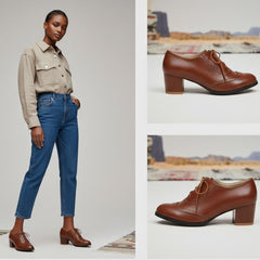 Tuhoomall Comfortable Vintage Style High Heel Dress Shoes for Office and Leisure Wear with Lace-Up Closure and Classic Round Toe Design