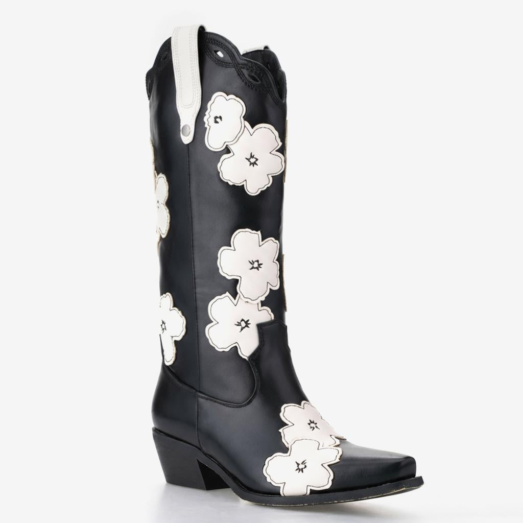 Tuhoomall Western Cowboy Boots, Floral Embroidery, Chunky Heel, Zipper Closure, Mid-Calf Height, All-Season Fashion Tuhoomall