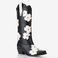 Tuhoomall Western Cowboy Boots, Floral Embroidery, Chunky Heel, Zipper Closure, Mid-Calf Height, All-Season Fashion Tuhoomall