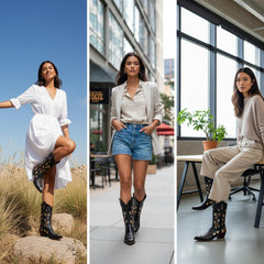 Tuhoomall Western Ankle Boots for Women, 5.5cm Heeled Slip-On, Geometric Pattern with Embroidery, Casual Stylish Mid-Calf Footwear for All Seasons