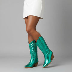 Tuhoomall Comfortable Western Boots for Women – 6cm Low Chunky Heel, Slip-On Design with Floral Embroidery - Fashionable All-Season Style