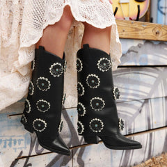 Tuhoomall Western Cowboy Knee High Boots for Women - Floral Pattern, Foldable Design, Chunky Heel, Perfect for Fashion, Outdoor and Casual Wear