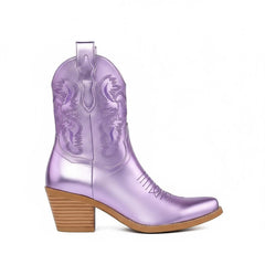 Tuhoomall Comfortable Western Ankle Boots for Fashion, Travel, and Leisure - Embroidered Genuine Leather, 5.5cm Chunky Heel, Slip-On Design