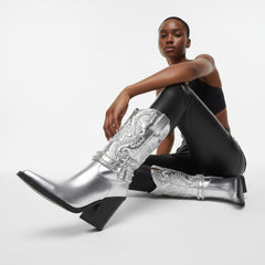 Tuhoomall Metallic Rhinestone Western Boots For Women - Pointed Toe, Block Heel, Fashion Statement For Parties, Made Of Vegan Leather And Embroidered Details