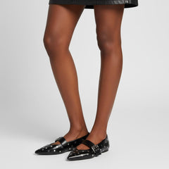 Tuhoomall Comfortable Pointed-Toe Flat Shoes with Adjustable Buckle for Casual Party Style - Studded Genuine Leather Upper, Rubber Sole