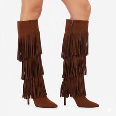 Tuhoomall Fashion Women's Knee-High Boots with Fringe Detail, Stylish Pointed Toe, and 10.7cm Stiletto Heel for Parties and Performances