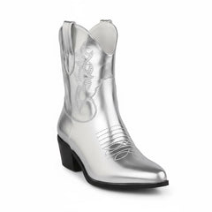 Tuhoomall Western Ankle Boots with Embroidered Pattern, 5cm Chunky Heel, Slip-On Design for Fashion and Travel, Durable Synthetic Fabric Lining