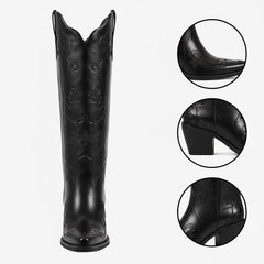 Tuhoomall Tuhoomall Western Knee-High Boots for Women, Floral Embroidered Design, Perfect for Parties, Office, and Casual Wear, 7.5 cm Classic Mid Chunky Heel