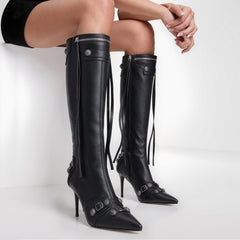 Tuhoomall Comfortable Knee-High Fashion Boots with Zip and Studded Design, 10cm High Heel for Parties, Weddings, and Everyday Stylish Looks