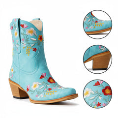 Tuhoomall Stylish Western Ankle Boots with Floral Embroidery, Rubber Sole, Chunky 5cm Heel for Classic and Casual Looks