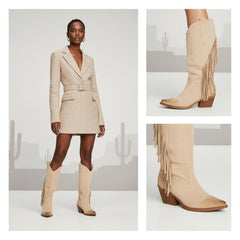 Tuhoomall Western Style Mid-Calf Boots with Tassels, Casual Fashion Footwear, Chunky Heel, Faux Suede, Zipper Closure, All-Season Design