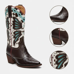 Tuhoomall Western Cowboy Boots for Women, Floral and Animal Print, Chunky Heels, Perfect for Parties and Fashion Events, Easy Slip-On Style Tuhoomall