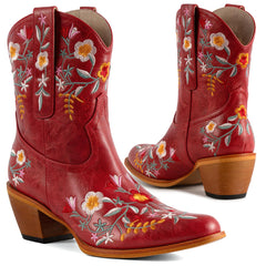 Tuhoomall Stylish Western Ankle Boots with Floral Embroidery, Rubber Sole, Chunky 5cm Heel for Classic and Casual Looks