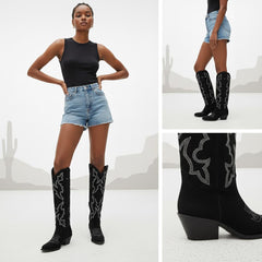 Tuhoomall Western Knee-High Boots with Elegant Embroidery, Stylish Mid Heel for Casual and Office Wear, Durable Faux Suede Leather, All-Season Fashion