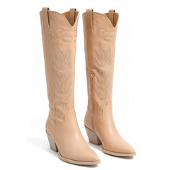 Tuhoomall Cowgirl Mid Calf Boots, Chunky Heel, Pointed Toe, Stylish Embroidery, Casual All Season Footwear Tuhoomall