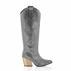 Tuhoomall Rhinestone Western Mid-Calf Boots for Women, Stylish 3.15 in Chunky Heel, Vegan Suede, Perfect for Parties and Performances