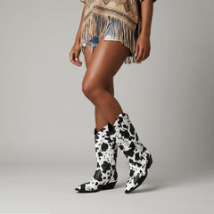 Tuhoomall Cow Pattern Western Boots for Women, Round Toe, Chunky 1.57in Heel, Casual Slip-On Mid-Calf Design, Stylish All-Season Footwear