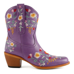 Tuhoomall Stylish Western Ankle Boots with Floral Embroidery, Rubber Sole, Chunky 5cm Heel for Classic and Casual Looks