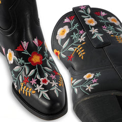 Tuhoomall Stylish Western Ankle Boots with Floral Embroidery, Rubber Sole, Chunky 5cm Heel for Classic and Casual Looks