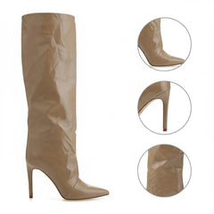 Tuhoomall Knee High Fashion Boots For Parties And Performances With 9.5cm Stiletto Heels And Crinkled PU Leather Tuhoomall